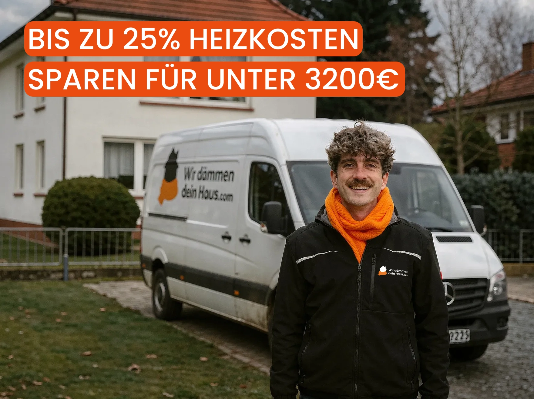 Wir dämmen dein Haus – Berater vor dem Firmenfahrzeug